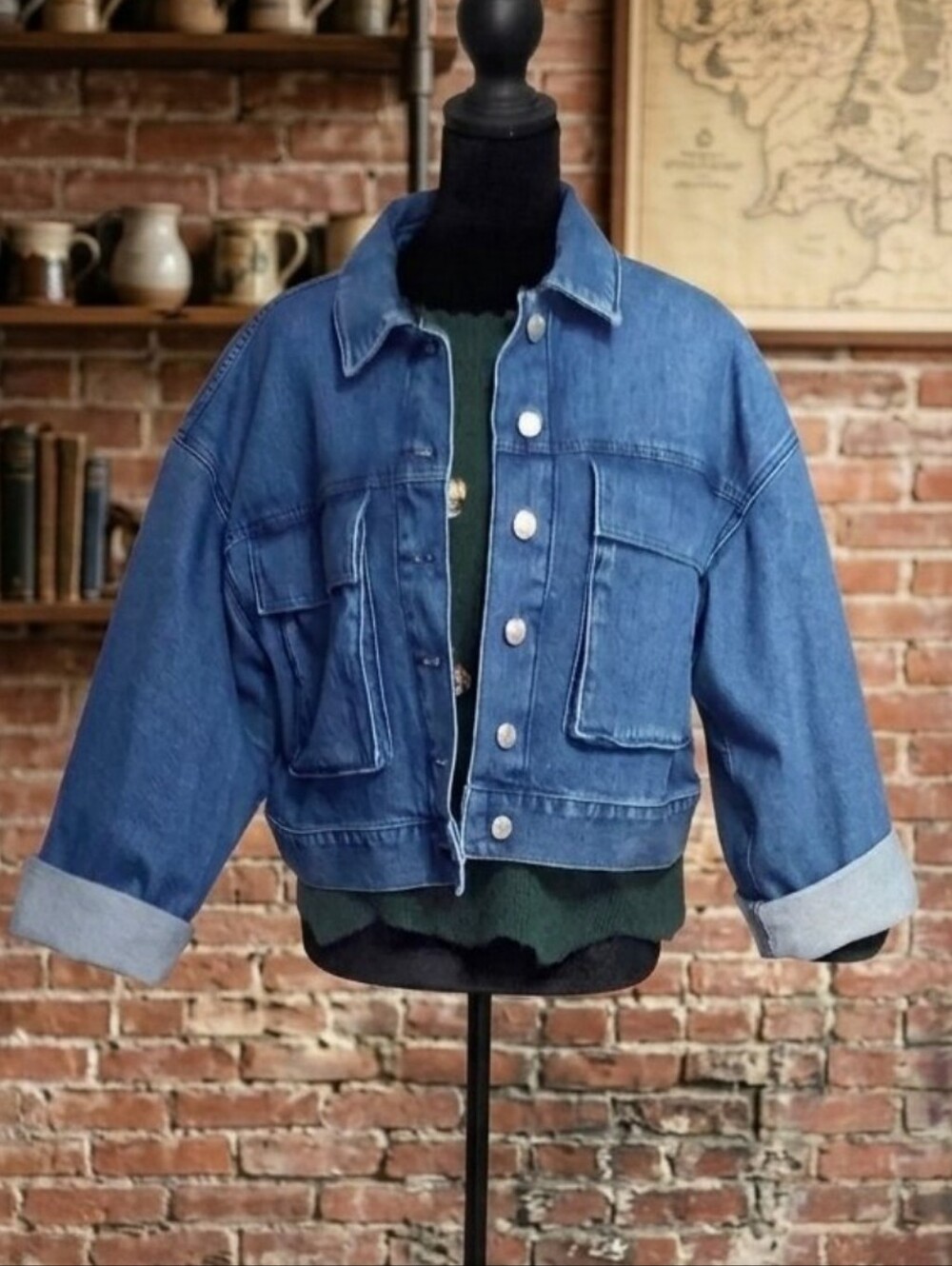 LOFT Indego Denim Cropped Trucker Modern Cargo Jacket Sz Lg